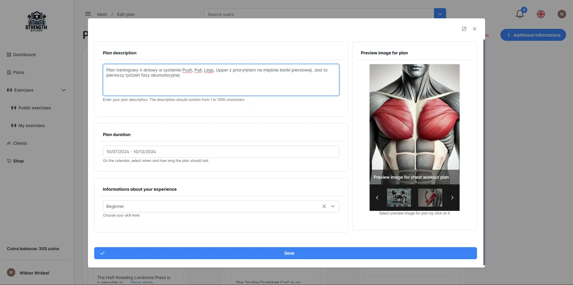 Strengthbuilderplatform dodatkowe ustawienia planu