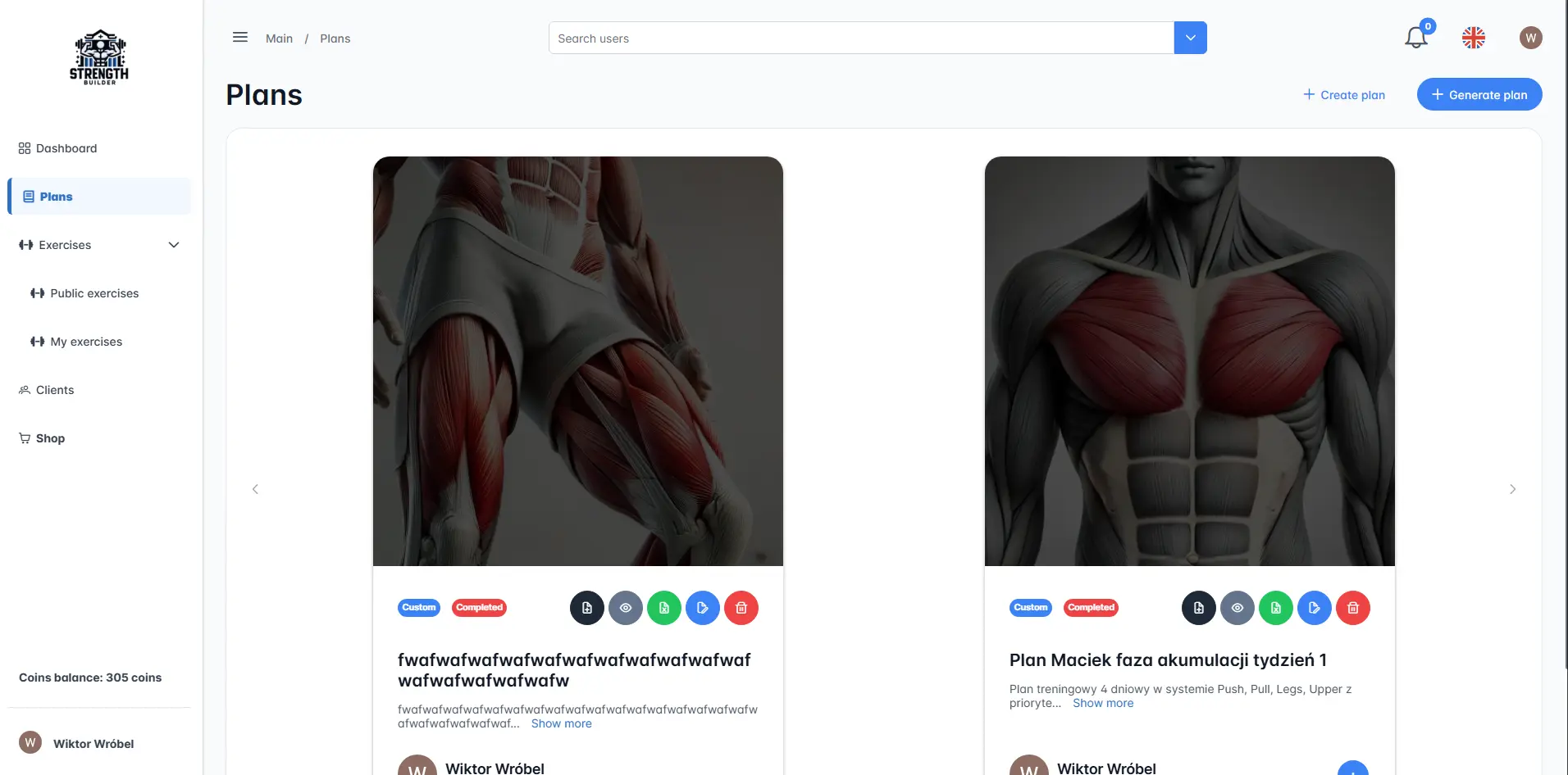 Strengthbuilder main dashbaord